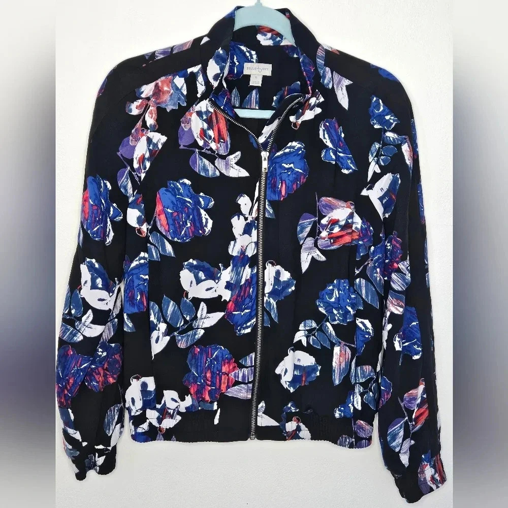 Belle Sky Women Black Floral Bomber Jacket Size‎ S